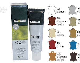 Könnte beinhalten: Collonil Colorit Lederfarbe in einer Tube mit einer Farbkarte, die verschiedene Farbtöne von Lederfarbe zeigt. Die Farbkarte enthält Farbtöne wie Weiß, Silber, Braun, Gold, Creme, Natur, Rot, Türkis, Hellbraun und Dunkelbraun.