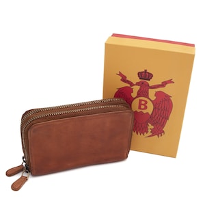 Cartera de mujer de piel auténtica con doble compartimento con cremallera, monedero y tarjetas fotográficas.