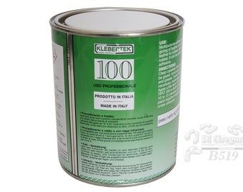 Könnte beinhalten: Eine grüne Dose Klebertek 100 Profi-Klebstoff, hergestellt in Italien. Die Dose hat einen weißen Deckel und ist mit Gebrauchsanweisungen in Englisch, Italienisch, Deutsch und Französisch beschriftet.