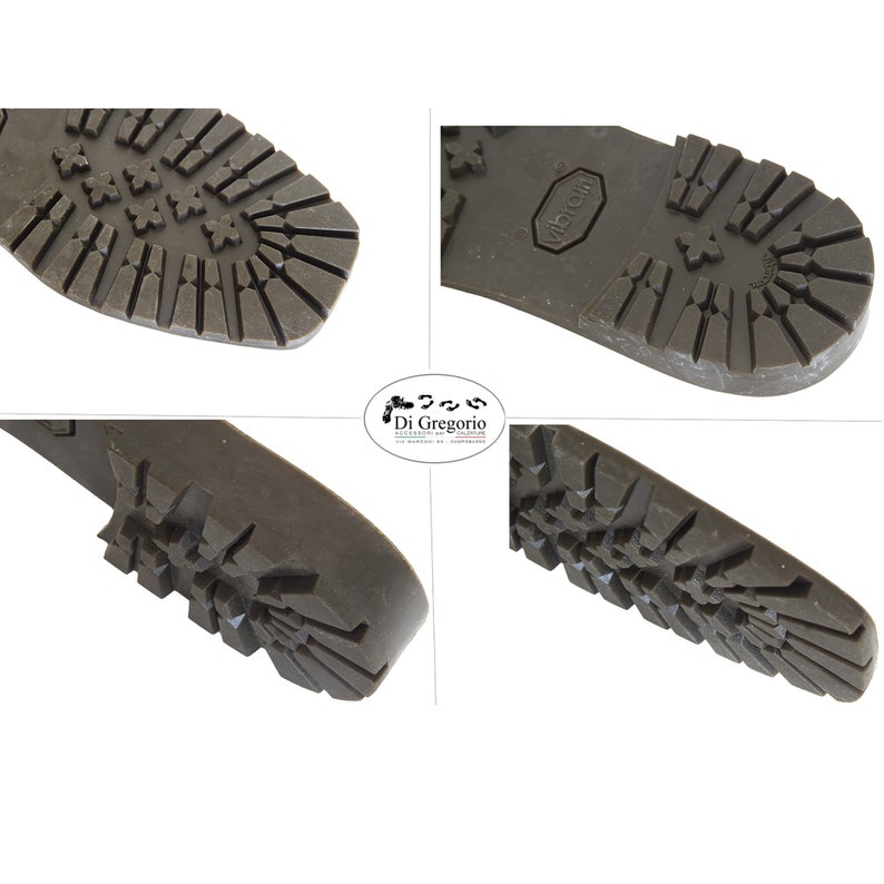 May include: Close-up view of the bottom of a brown leather boot. The sole is made of a textured rubber with a Vibram logo. The boot has a lug pattern for traction.