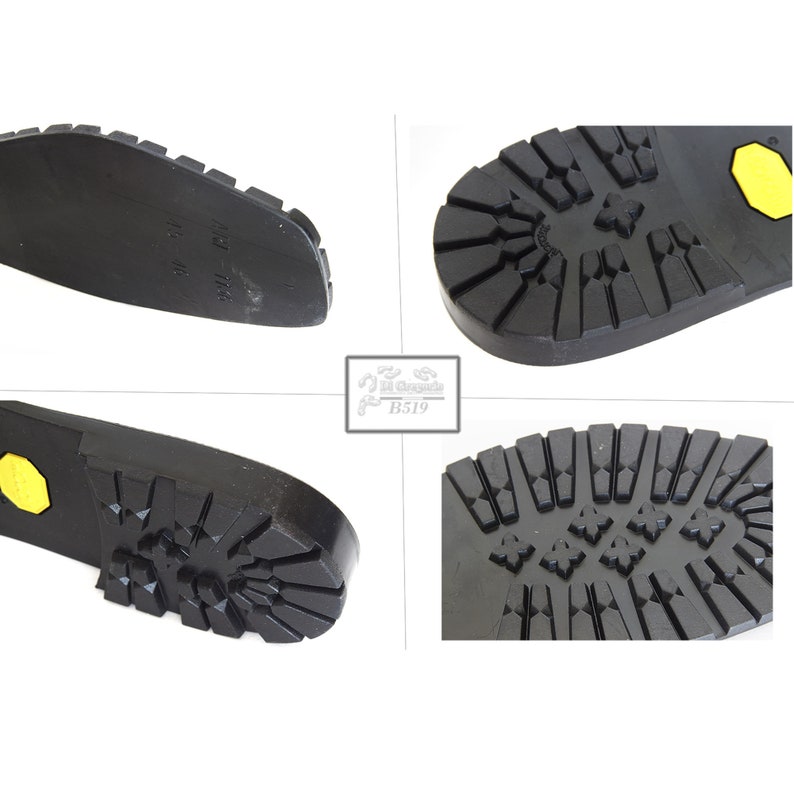 May include: Close-up view of a black rubber shoe sole with a yellow accent. The sole has a textured pattern with diamond-shaped grooves and a raised heel.