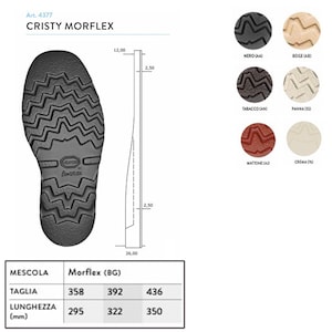 Può includere: Una suola di scarpa nera con un'etichetta Morflex (BG). La tabella delle taglie mostra le misure in pollici per diverse taglie. Le taglie sono 358, 392 e 436. Le lunghezze sono 295, 322 e 350 mm.
