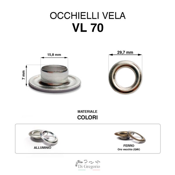 Occhielli vela VL70 Ø 29,7mm alluminio ferro ottone acciaio inox nautica 100pz