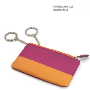 Llavero cartera de piel auténtica con cremallera, 2 anillas y bolsillos.