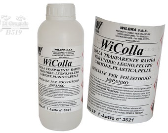 Könnte beinhalten: Eine durchsichtige Kunststoffflasche mit WiColla Schnellkleber und weißem Schraubverschluss, begleitet von einem separaten Produktetikett. Der Text gibt an, dass der Kleber für Holz, Filz, Pappe, Kunststoff, Leder und expandiertes Polystyrol geeignet ist.