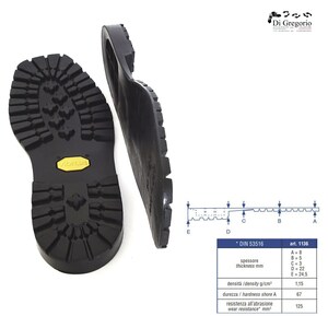 May include: A black rubber shoe sole with a Vibram logo and a detailed tread pattern. The sole is shown next to a diagram of its cross-section with measurements in millimeters. The diagram includes the following text: * DIN 53516 art. 1136 A=8 B=5 C=3 D=22 E=24,5 spessore thickness mm densit&agrave; /density g/cm&sup3; durezza / hardness shore A resistenza all'abrasione wear resistance" mm&sup3; 1,15 67 125