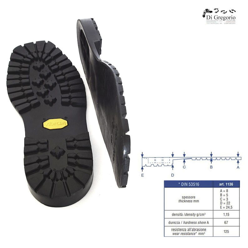 May include: A black rubber shoe sole with a Vibram logo and a detailed tread pattern. The sole is shown next to a diagram of its cross-section with measurements in millimeters. The diagram includes the following text: * DIN 53516 art. 1136 A=8 B=5 C=3 D=22 E=24,5 spessore thickness mm densit&agrave; /density g/cm&sup3; durezza / hardness shore A resistenza all'abrasione wear resistance" mm&sup3; 1,15 67 125