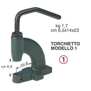 Könnte beinhalten: Eine grüne Metallklemme mit einem schwarzen Griff. Die Klemme ist mit "TORCHIETTO MODELLO 1" beschriftet und hat Maße in Zentimetern. Die Klemme wiegt 1,7 kg und misst 6,5 x 14 x 23 cm.