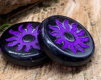 22mm Sun Coin Purple Pansy Czech Glass with Purple Wash (2 beads) 1365