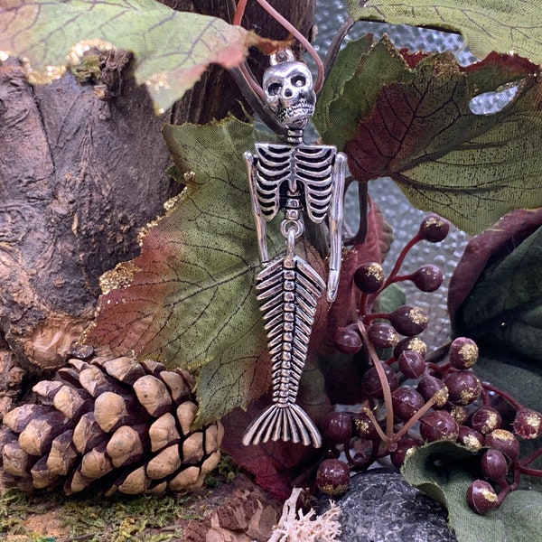 Large Mermaid Skeleton Charm Pendant Silver Tone Hinged