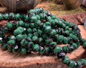 6x8mm Rondelle Hunter Green with Picasso Finish Czech Glass Beads (1350)