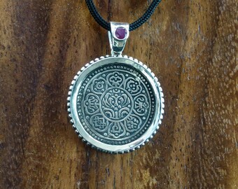 Tibetan Silver Gaden Tangka Coin Pendant w/Rubies