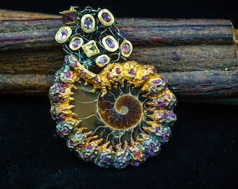 Vintage Opalized Ammonite Pendant with Fancy Sapphires; Sterling Silver with Gilt