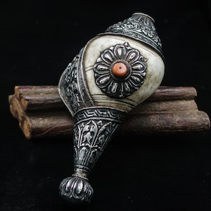 Antique Tibetan Conch Shell and Silver Repousse Ritual Trumpet