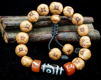 Kylin-Eyed Bodhichitta Bodhi Seed; Replica Two-Eyed Tibetan dZi Bead; and Pema Raka Carnelian Wrist Mala