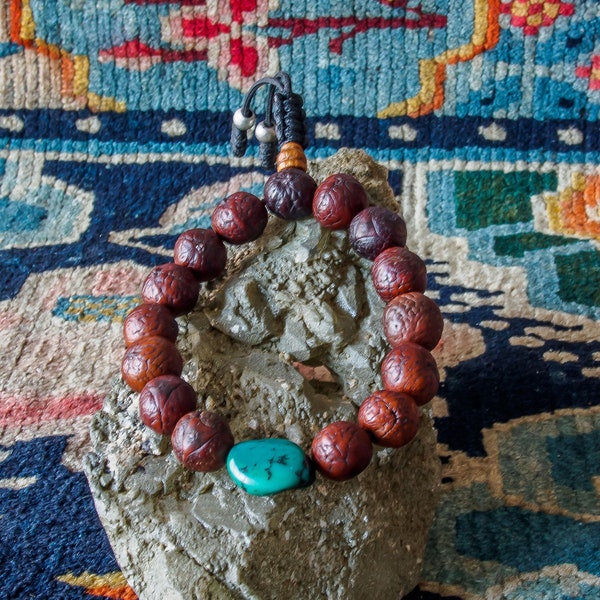 Tibetan Turquoise and Bodhi Seed Bracelet/ Dragon-Eye Bodhi Seed Wrist Mala/ Bodhi Seed Wrist Mala