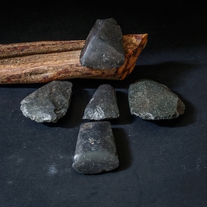 Puede incluir: Cinco herramientas de piedra gris oscuro, posiblemente puntas de flecha, dispuestas sobre una superficie negra. Una herramienta está sobre un trozo de madera marrón.