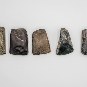 Puede incluir: Cinco herramientas de piedra diferentes, cada una con una forma y un color únicos. Las herramientas están hechas de varios tipos de piedra, incluyendo verde, marrón y negro. Todas tienen forma rectangular y han sido alisadas y pulidas.