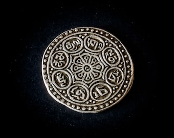 Antique Tibetan Silver Gaden Tangka Coin: Eight Lucky Symbols