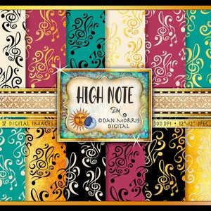 High Note Digital Paper Set , Digital Craft Paper, Instant download, sheet music, musical note, musician, golden, teal, music notes, band