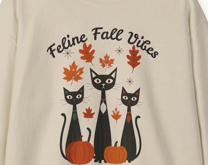 Featured listing image: Feline Fall Vibes Sweatshirt, Halloween Cat Lover Gift, Unisex Crewneck Jumper, Retro Apparel, Cozy Halloween Sweatshirt, Cat Sweatshirt for