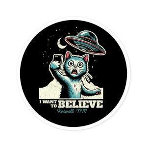 Funny Alien Cat Stickers, I Want to Believe, UFO, Cute Cat Decal, Gift for Cat Lovers, Laptop Stickers, Indoor Outdoor Decor