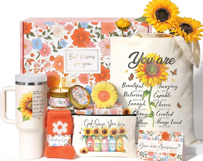 Featured listing image: Faith Sunflower Inspirational Gift Set for Her, with Makeup Bag and 40 OZ Tumbler, 6 to Choose