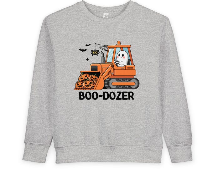 Featured listing image: Toddler/Youth  Halloween Sweatshirt - Boo-Dozer Design, Fun Ghosts and Construction Trucks, 2T-7T