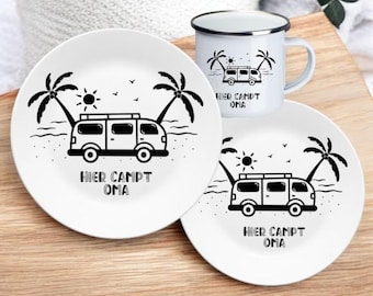 Camping Geschirr personalisiert,, Geschenkeset für Camper, Camping Set personalisiert, Camping Zubehör, Emaille Tasse Camping, Camper Van