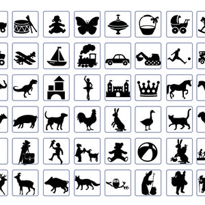 K&ouml;nnte beinhalten: Ein Satz von 48 Schwarzwei&szlig;illustrationen mit verschiedenen Tieren, Spielzeugen und Objekten. Die Bilder sind in einem Raster angeordnet.