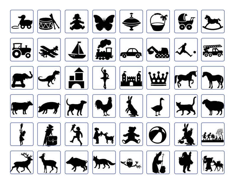 K&ouml;nnte beinhalten: Ein Satz von 48 Schwarzwei&szlig;illustrationen mit verschiedenen Tieren, Spielzeugen und Objekten. Die Bilder sind in einem Raster angeordnet.