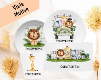 Personalisiertes Kindergeschirr mit Namen und Motiv Safari, Kindergeschirr Set, Kinderteller mit Namen, Becher, Geschenk Taufe und Geburt