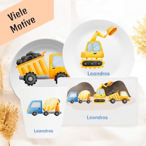 Personalized children&#39;s tableware with name and excavator motif, children&#39;s tableware set, children&#39;s plate with name, christening gift, tableware boys,