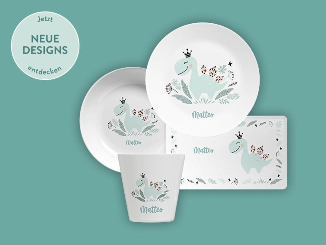 Children's Tableware Dinosaur With Name Personalized Children's Tableware Set With Plate, Bowl