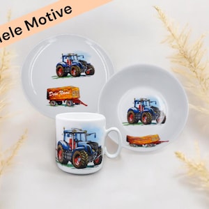 Porcelain children&#39;s tableware with tractor motif personalized, children&#39;s tableware with name, children&#39;s plate with name, baptism gift, birth gift