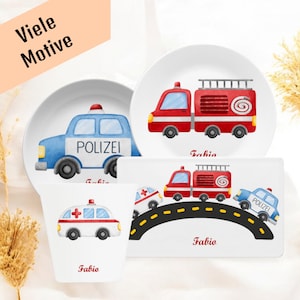 Personalized children&#39;s tableware with name and motif police fire brigade, children&#39;s tableware set, children&#39;s plate with name, gift baptism and birth