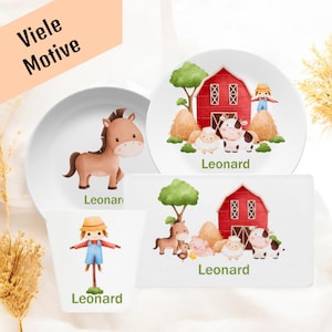 Personalized children&#39;s tableware with name and farm motif, children&#39;s tableware set, children&#39;s plate name, cup, gift baptism and birth