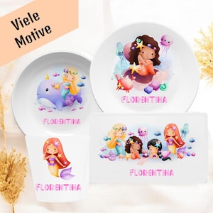 Personalized children&#39;s tableware with name and motif mermaid, children&#39;s tableware set, children&#39;s plate girl name, gift baptism and birth