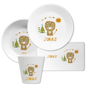 Personalized children&#39;s tableware with name and lion motif, children&#39;s tableware set, plate, gift for children, gift for baptism and birth