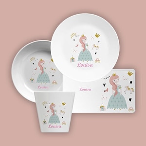 Children&#39;s tableware Unicorn Princess with name -Personalized children&#39;s melamine tableware set plate, bowl & cup, children&#39;s tableware with name