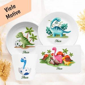 Personalized children&#39;s tableware with name and motif Dino, children&#39;s tableware set, children&#39;s plate with name, cup, baptism gift, birth gift