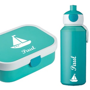 Brotdose und Trinkflasche im Set mit Name und Wunschmotiv, Geschenk für Schule und Kita für Jungen und Mädchen, Einschulung, Sparpreis