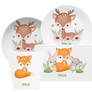 Children&#39;s tableware with name and motif forest animals personalized, children&#39;s tableware set, children&#39;s plate with name, christening gift, tableware children names