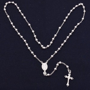 Collar de cadena de rosario de cuentas lisas de 24" y 5 mm en auténtica plata de ley 925 de Italia