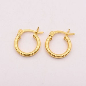 May include: A pair of gold hoop earrings. The earrings are small and have a simple design.