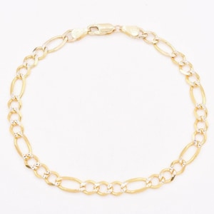5.5mm Figaro Link Bracelet Pave Two Tone Real SOLID 10K Yellow White Gold