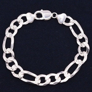 10mm Italian Figaro Pave Diamond Cut Link Chain Bracelet Real Sterling Silver