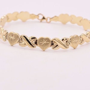 7mm Diamond Cut Hearts and Kisses Stampato Bracelet 14K Yellow Gold