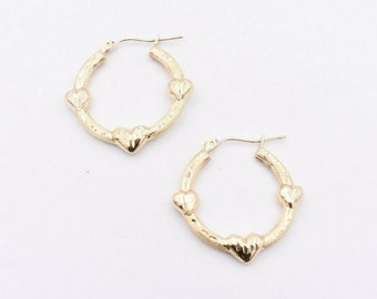 1 1/4" Diamond Cut Satin Heart Hoop Earrings Real 10K Yellow Gold