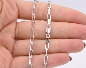 3.5mm Paperclip Link Chain Necklace 14K White Gold Clad Silver 925 Italy